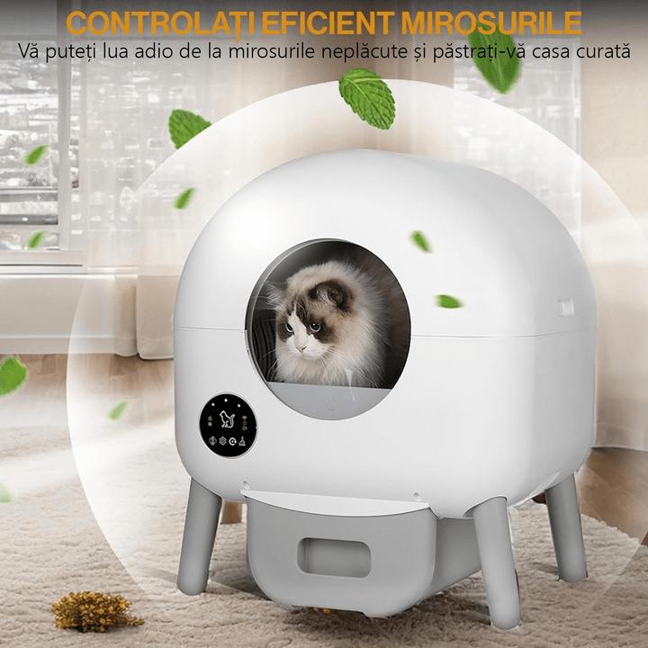 Litiera Automata Smart NextWave® pentru pisica, Auto-Curatare, Aplicatie Mobila, Sterilizare Automata UV, Senzori Ambientali, 76L+ 13L, 3 role saci, alb