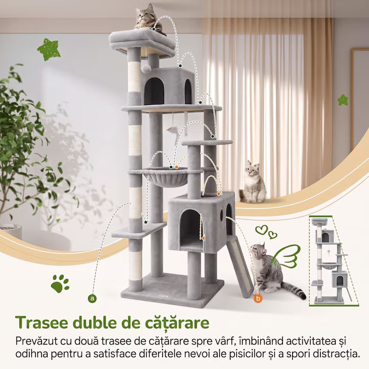 Ansamblu de Joaca pentru Pisici NextWave®, 6 niveluri de catarat si relaxare, casuta spatioasa, hamac mare, stalpi de zgariat si rampa, din lemn prelucrat, plus si sisal, pentru pisici de talie mare, 55 x 45 x 178 cm, Gri deschis