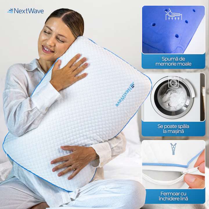 Pernă pentru dormit NextWave Spumă cu memorie cu gel ventilat Confort răcoros cu zone termice pentru somn odihnitor
