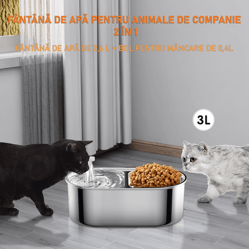 Dispenser apa automat cu Bol pentru mancare NextWave®, 2-1 tip fantana pentru pisici si caini, cu purificare si filtrare prin carbune activ, ultra-silentioasa, otel inoxidabil, capacitate 3L, USB, Argintiu