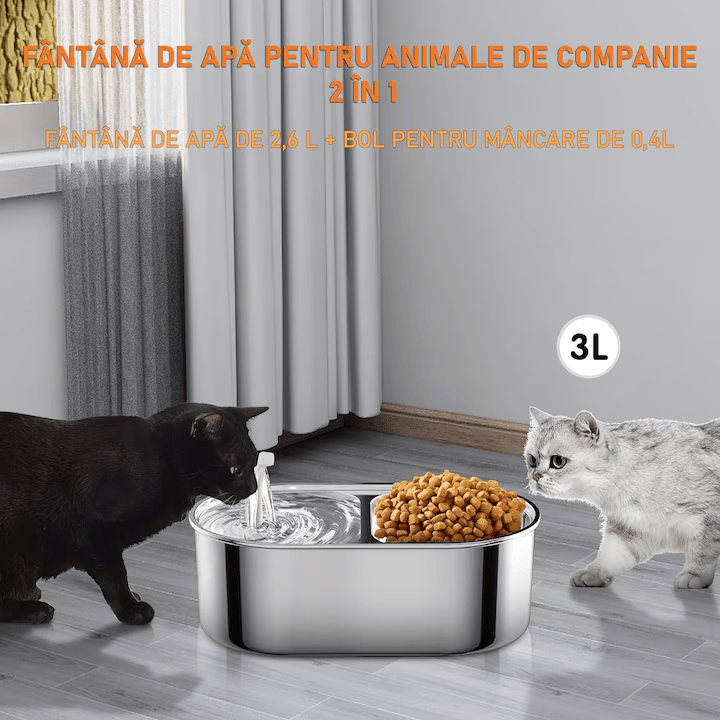 Dispenser apa automat cu Bol pentru mancare NextWave®, 2-1 tip fantana pentru pisici si caini, cu purificare si filtrare prin carbune activ, ultra-silentioasa, otel inoxidabil, capacitate 3L, USB, Argintiu
