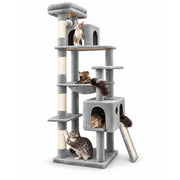 Ansamblu de Joaca pentru Pisici NextWave®, 6 niveluri de catarat si relaxare, casuta spatioasa, hamac mare, stalpi de zgariat si rampa, din lemn prelucrat, plus si sisal, pentru pisici de talie mare, 55 x 45 x 178 cm, Gri deschis