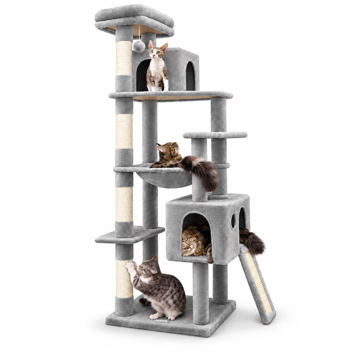 Ansamblu de Joaca pentru Pisici NextWave®, 6 niveluri de catarat si relaxare, casuta spatioasa, hamac mare, stalpi de zgariat si rampa, din lemn prelucrat, plus si sisal, pentru pisici de talie mare, 55 x 45 x 178 cm, Gri deschis