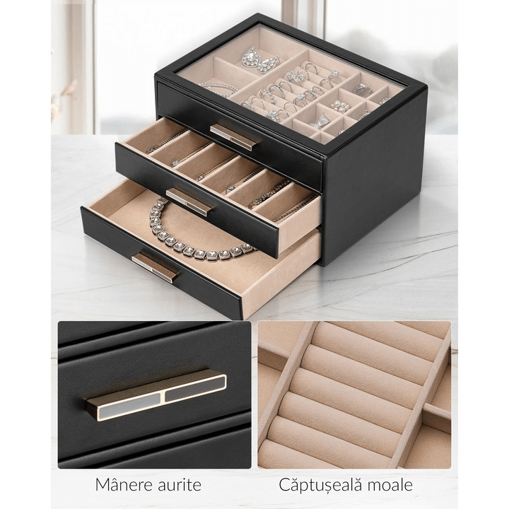 Cutie de bijuterii, organizator cu capac transparent, spatiu de depozitare 3 sertare pentru coliere, inele, cercei, lantisoare, bratari, interior catifelat, compartimentare multipla, piele ecologica neagra, 25 x 18 x 15 cm