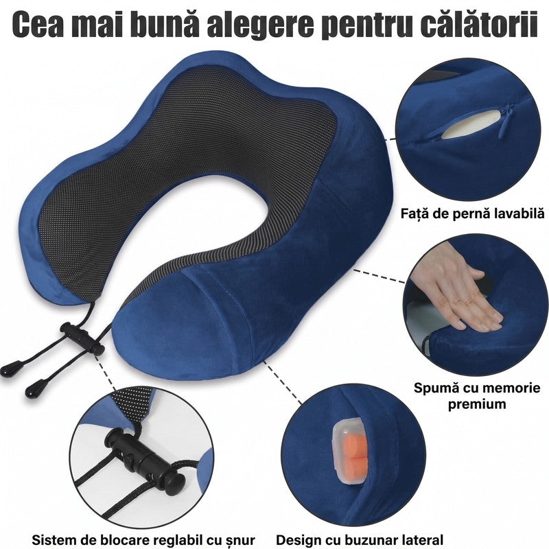 Pernă de călătorie pentru gât NextWave®️, suport ergonomic cervical, spumă cu memorie, husă din catifea de — detaliu vizual 1