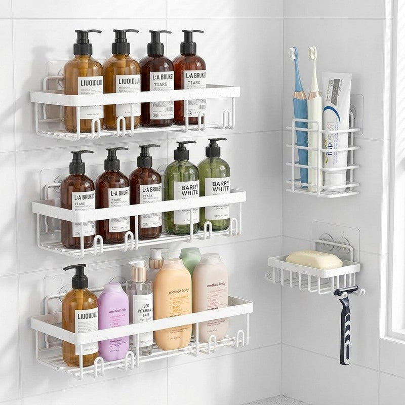 Raft de baie NextWave®, set 5 piese cu 3 etajere pentru dus, 1 suport pentru sapun si 1 suport pentru peri — detaliu vizual 1