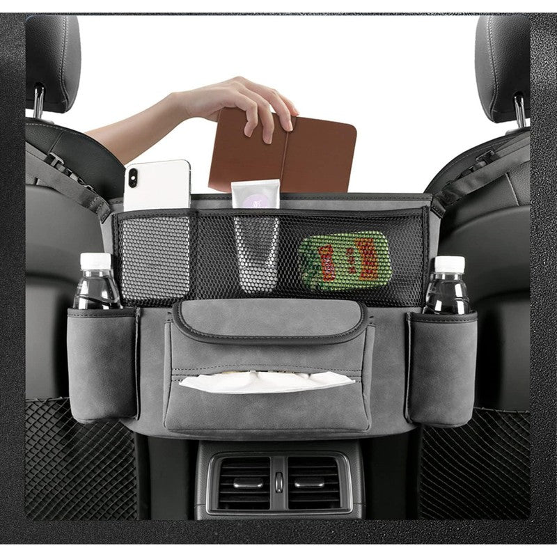 Organizator auto NextWave, 5 compartimente, suede & piele ecologica, gri, 36x25x22cm — detaliu vizual 1