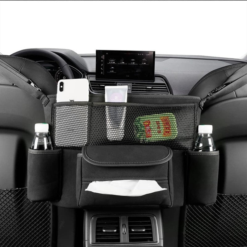 Organizator intre scaune auto NextWave®️, suport pretios cu 5 compartimente, material suede & piele ecolog — detaliu vizual 1