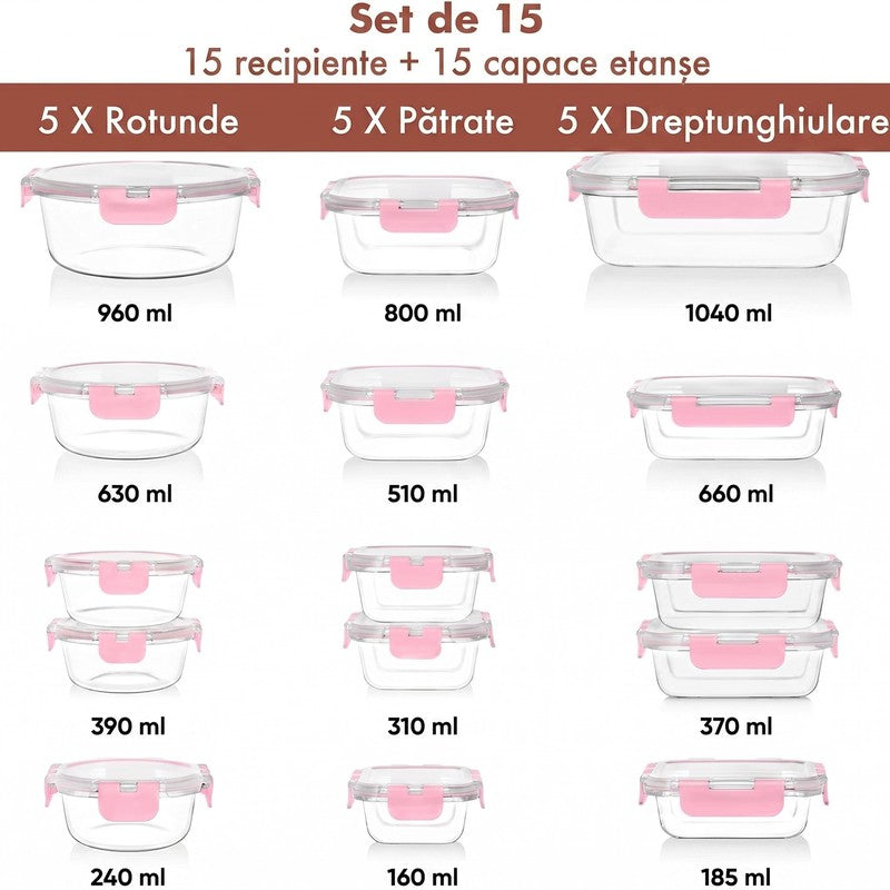 Set 15 Caserole Alimentare din sticla NextWave®️ Capace Etanse, Depozitare Frigider si Congelator, Potrivi — detaliu vizual 1