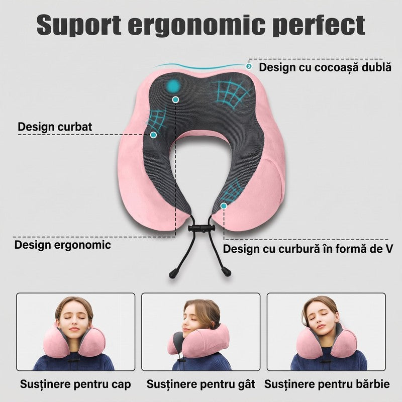 Pernă de călătorie pentru gât NextWave®️, suport cervical ergonomic în formă de U, șnur reglabil, husă lav — detaliu vizual 1