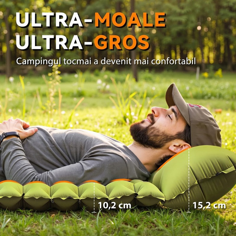 Saltea gonflabilă camping NextWave®️, suport confortabil cu pernă integrată, pompă de picior pentru umflar — detaliu vizual 1