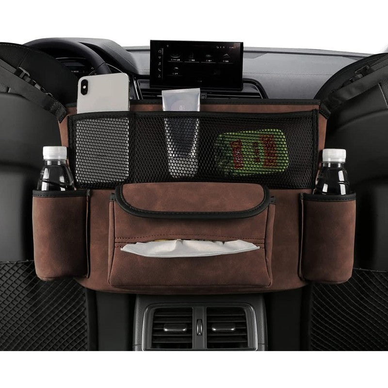 Organizator intre scaune auto NextWave®️, suport pretios cu 5 compartimente, material suede & piele ecolog — detaliu vizual 1