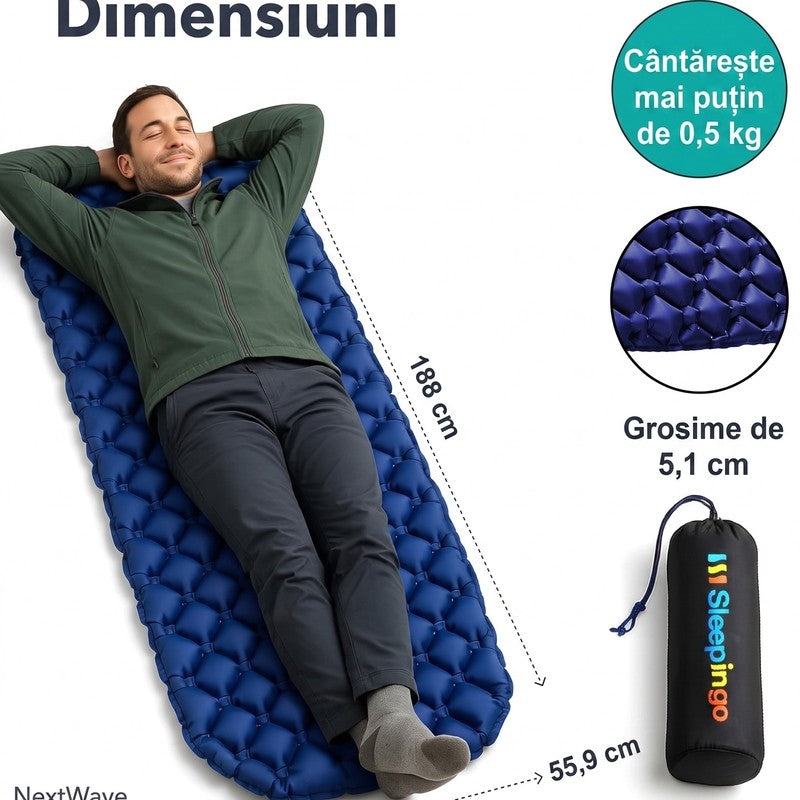 Saltea gonflabilă de camping NextWave®️, ultraușoară și compactă, impermeabilă, umflare rapidă, suport con — detaliu vizual 1