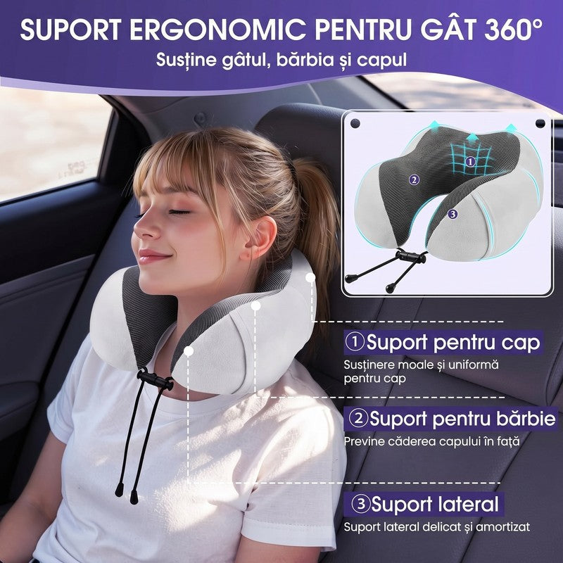 Pernă de călătorie pentru gât NextWave®️, suport ergonomic 360° pentru cap și bărbie, cataramă reglabilă, — detaliu vizual 1