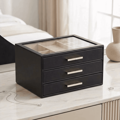 Cutie de bijuterii, organizator cu capac transparent, spatiu de depozitare 3 sertare pentru coliere, inele — detaliu vizual 1