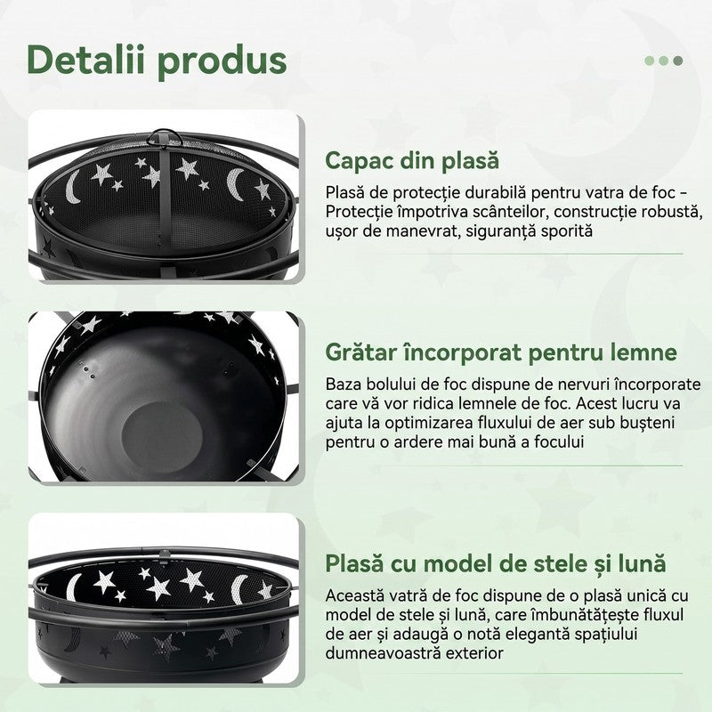 Vatră de foc pentru exterior NextWave®️, semineu design decorativ cu stele și lună, capac din plasă anti-s — detaliu vizual 1