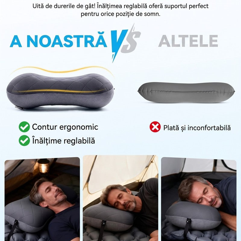 Pernă gonflabilă de camping NextWave®️, suport cervical ergonomic, supapă One-Click de umflare rapidă, ban — detaliu vizual 1