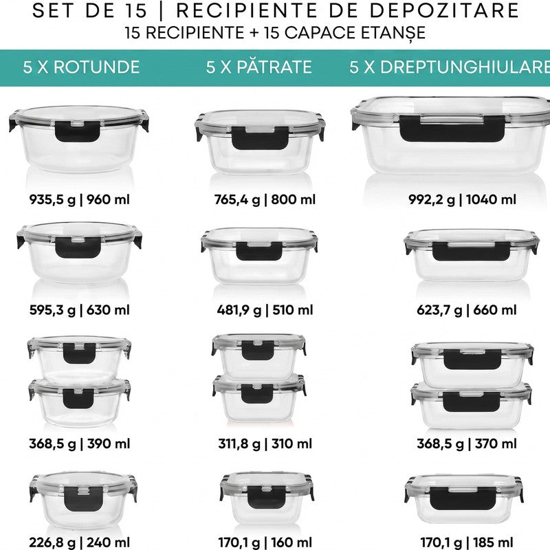 Set 15 Caserole Alimentare din sticla NextWave®️ Capace Etanse, Depozitare Frigider si Congelator, Potrivi — detaliu vizual 1