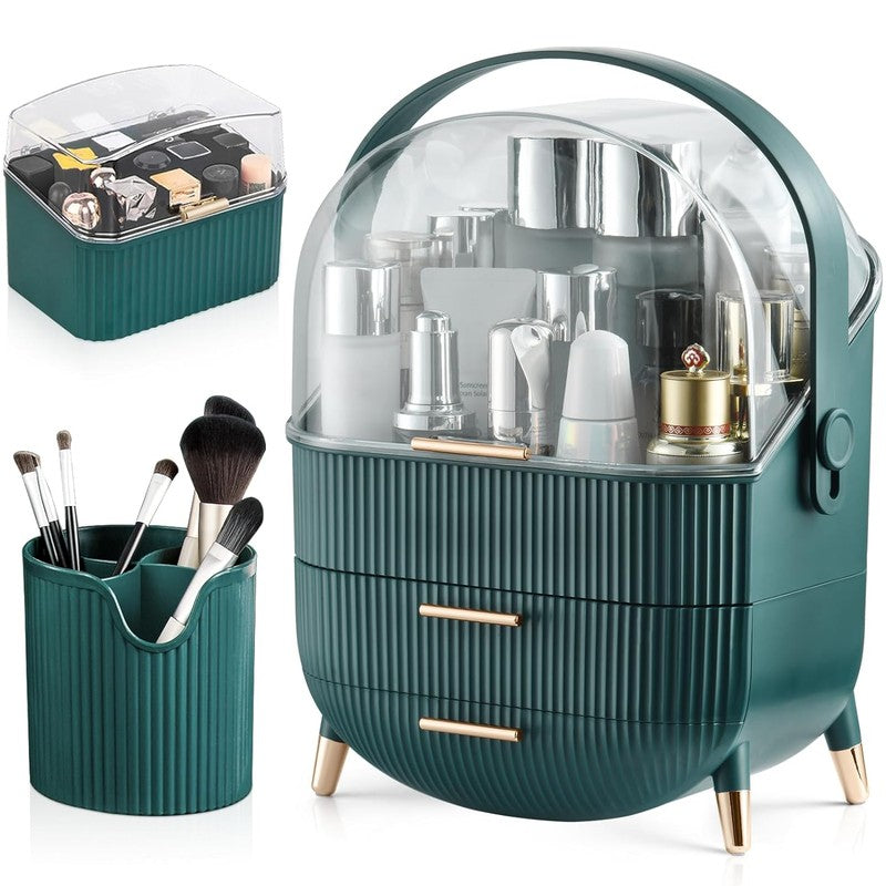 Organizator pentru cosmetice si bijuterii NextWave®, spatiu depozitare cu 2 sertare, vitrina, cutie pensul — detaliu vizual 1