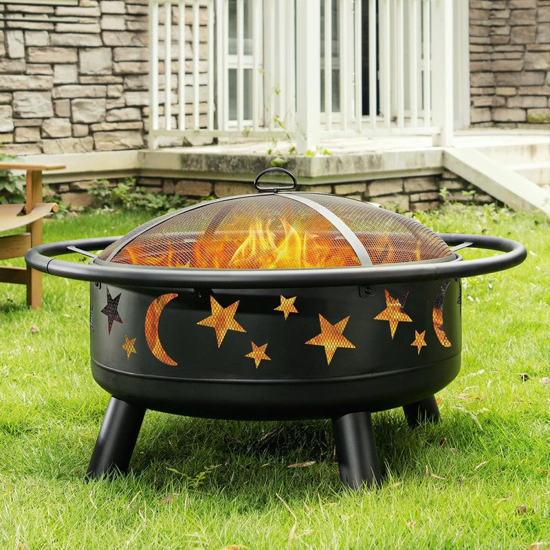 Vatră de foc pentru exterior NextWave®️, semineu design decorativ cu stele și lună, capac din plasă anti-s — detaliu vizual 2