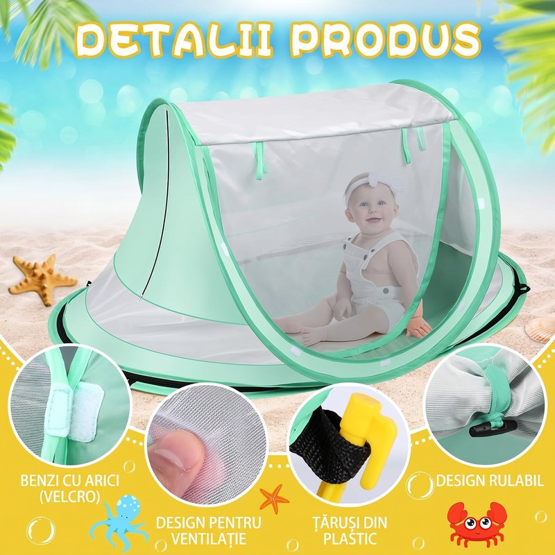 Cort de plaja pentru bebelusi NextWave®️, protectie solara UPF 50+, deschidere pop-up automata, plasa resp — detaliu vizual 2
