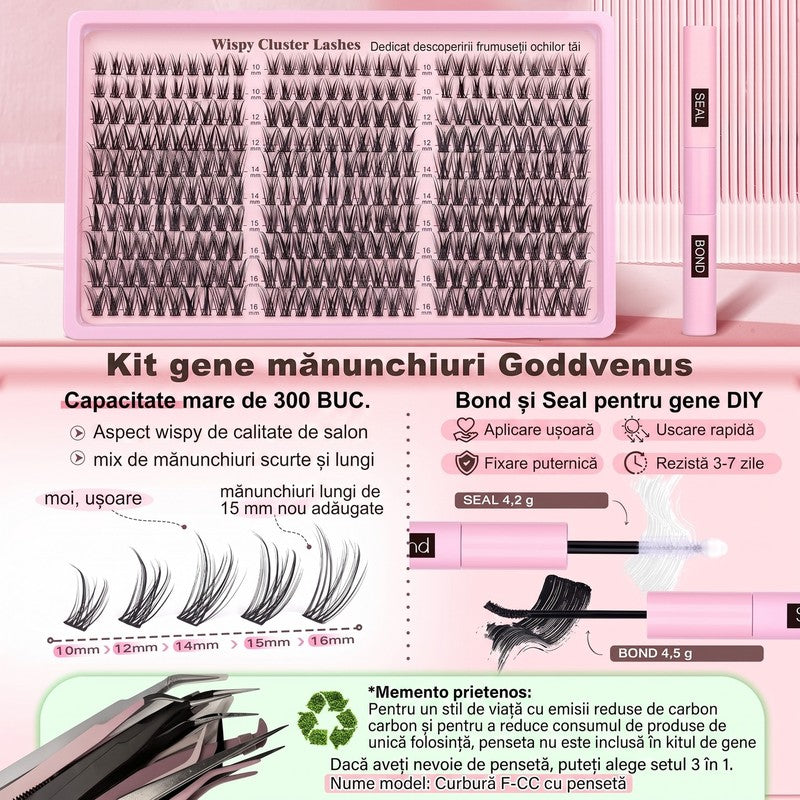 Kit extensii gene false tip mănunchiuri NextWave®️, aspect natural Wispy cu efect 3D, adeziv Bond și Seal — detaliu vizual 2
