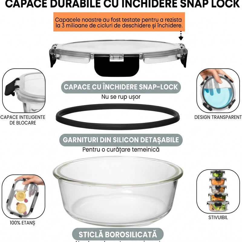 Set 15 Caserole Alimentare din sticla NextWave®️ Capace Etanse, Depozitare Frigider si Congelator, Potrivi — detaliu vizual 2