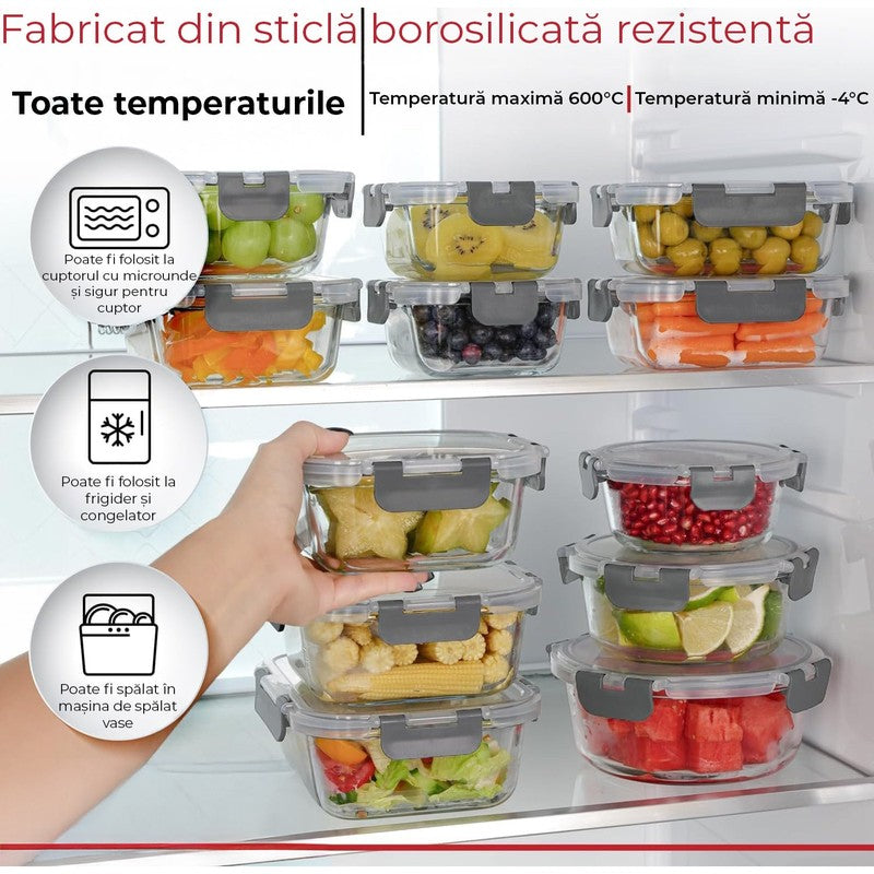 Set 12 Caserole Alimentare din sticla NextWave®️ Capace Etanse, Depozitare Frigider si Congelator, Potrivi — detaliu vizual 2