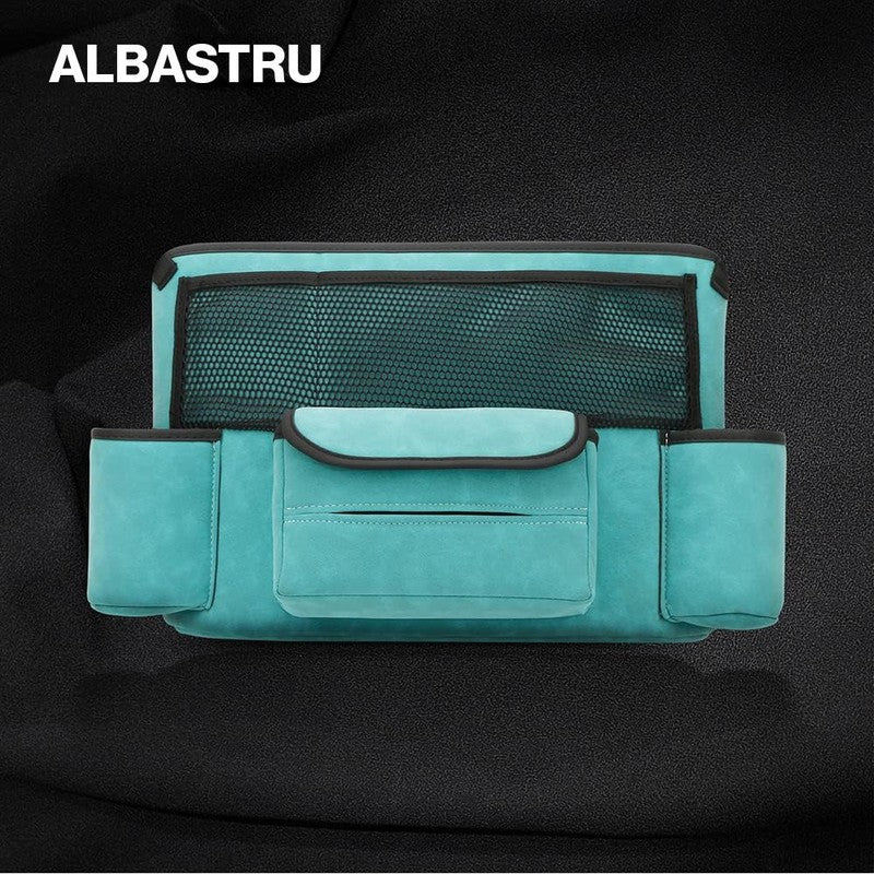Organizator intre scaune auto NextWave®️, suport pretios cu 5 compartimente, material suede & piele ecolog — detaliu vizual 2