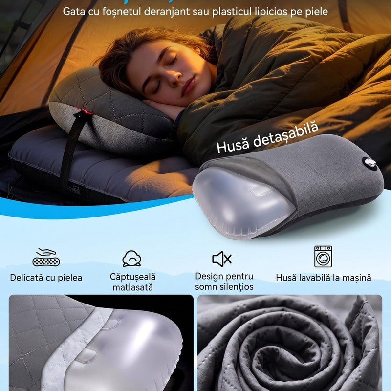 Pernă gonflabilă de camping NextWave®️, suport cervical ergonomic, supapă One-Click de umflare rapidă, ban — detaliu vizual 2