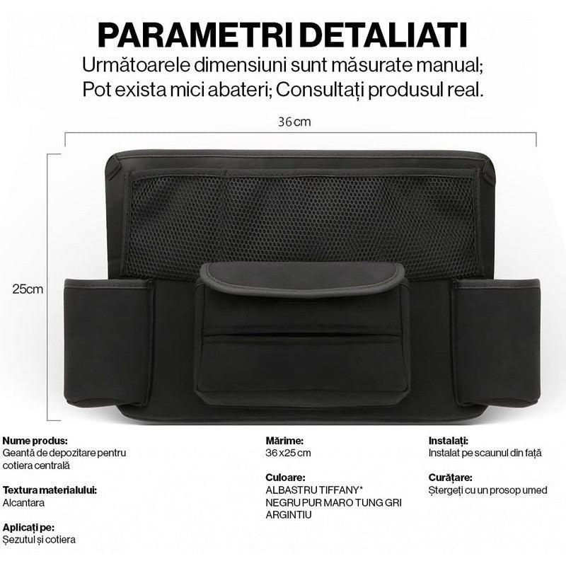 Organizator intre scaune auto NextWave®️, suport pretios cu 5 compartimente, material suede & piele ecolog — detaliu vizual 2