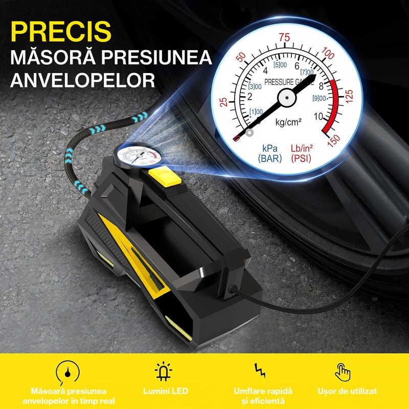 Compresor auto portabil NextWave 12V, manometru digital, 150 PSI, galben-negru — detaliu vizual 2