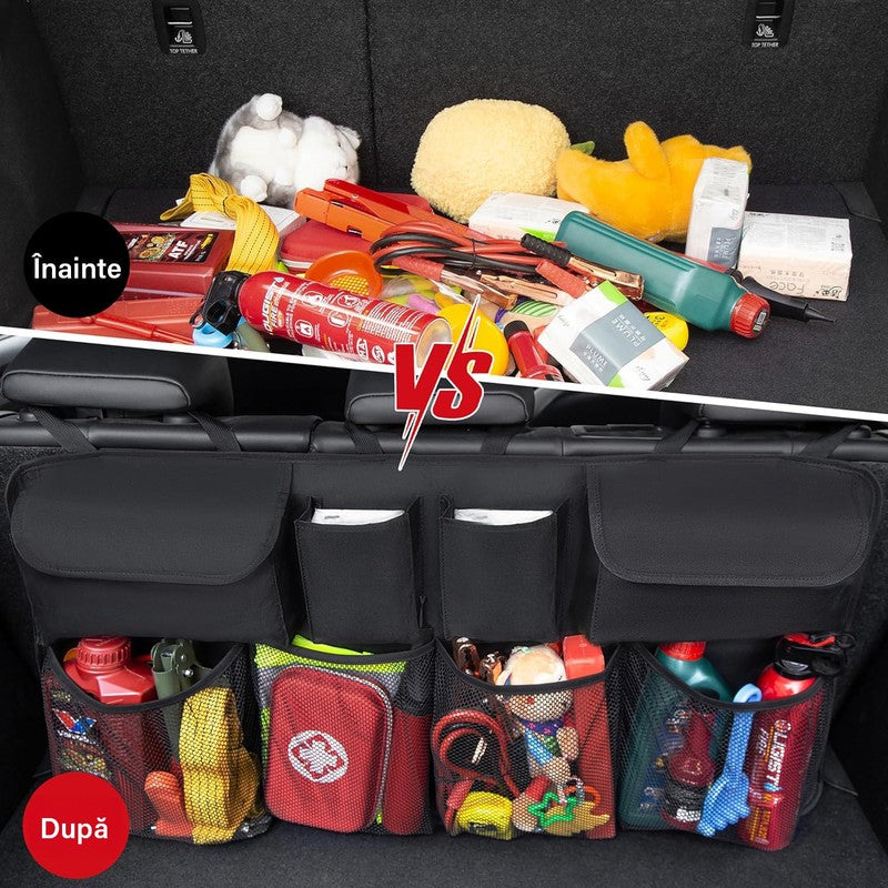 Organizator portbagaj auto suspendat NextWave®️, material Oxford 600D impermeabil, 8 buzunare incapatoare, — detaliu vizual 2