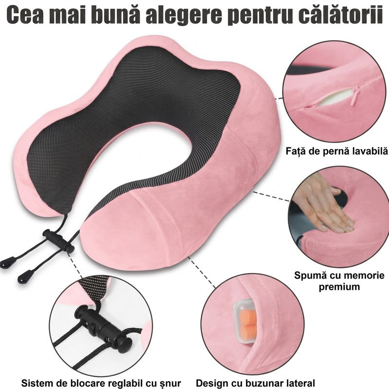 Pernă de călătorie pentru gât NextWave®️, suport cervical ergonomic în formă de U, șnur reglabil, husă lav — detaliu vizual 2