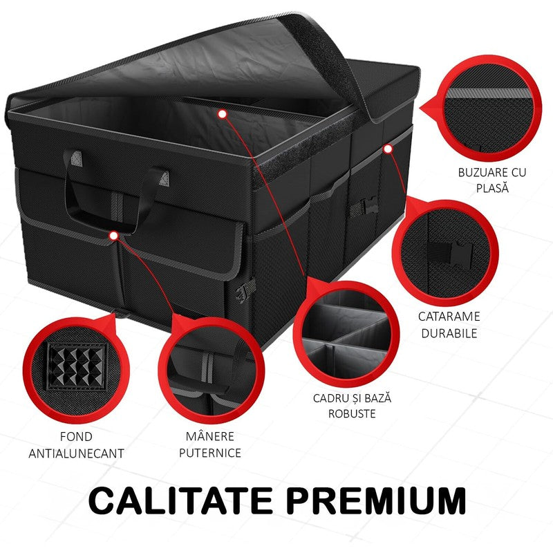 Organizator portbagaj auto NextWave®️ cu chingi de ancorare si capac, Multifunctional, Pliabil, 9 comparti — detaliu vizual 3