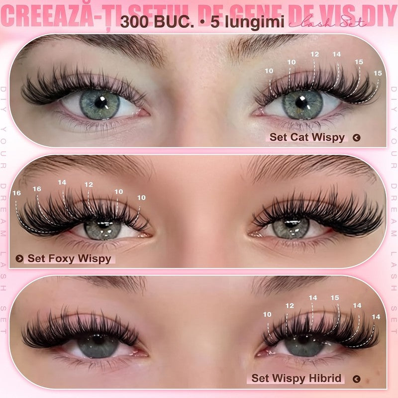 Kit extensii gene false tip mănunchiuri NextWave®️, aspect natural Wispy cu efect 3D, adeziv Bond și Seal — detaliu vizual 3
