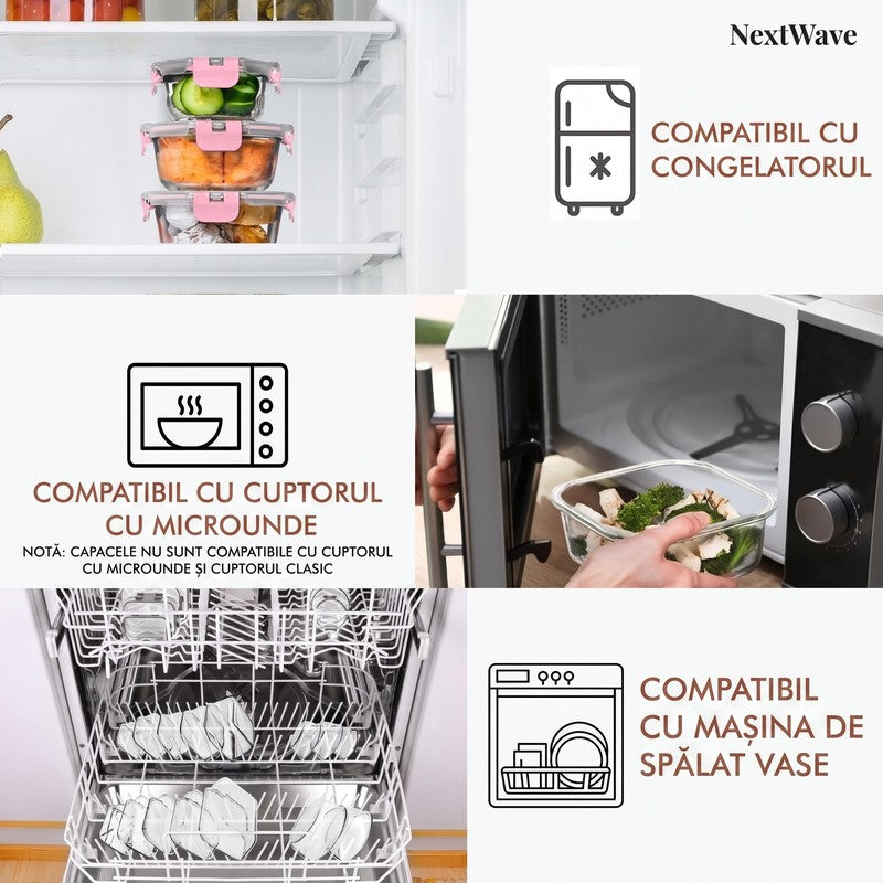 Set 15 Caserole Alimentare din sticla NextWave®️ Capace Etanse, Depozitare Frigider si Congelator, Potrivi — detaliu vizual 3