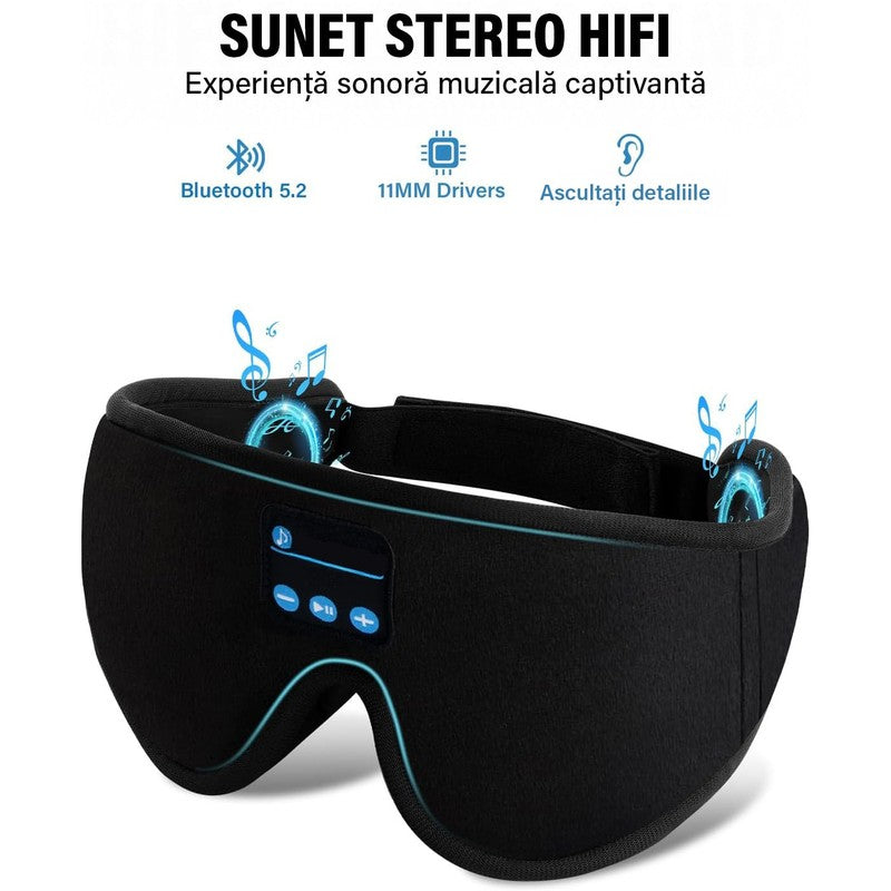 Masca de somn cu casti Bluetooth NextWave, design 3D, sunet stereo HD, negru, 24,9x10,7x3,4cm — detaliu vizual 3
