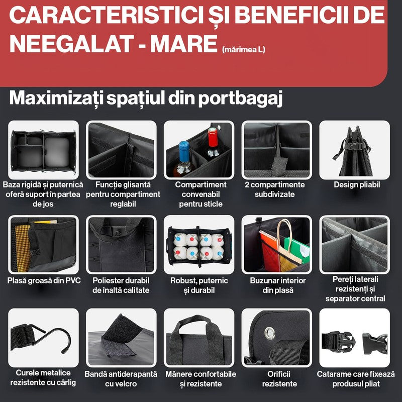 Organizator portbagaj auto pliabil NextWave®️ L, compartimentare personalizabila cu subdivizor detasabil, — detaliu vizual 3