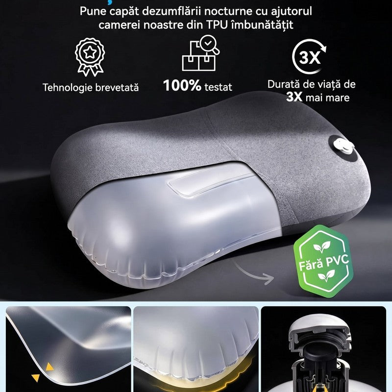 Pernă gonflabilă de camping NextWave®️, suport cervical ergonomic, supapă One-Click de umflare rapidă, ban — detaliu vizual 3