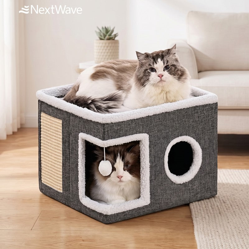 Casa Pisici NextWave®, Casuta Pliabila Tip Pestera, Pat Interior cu Platforma Superioara, Ansamblu de Zgar — detaliu vizual 4