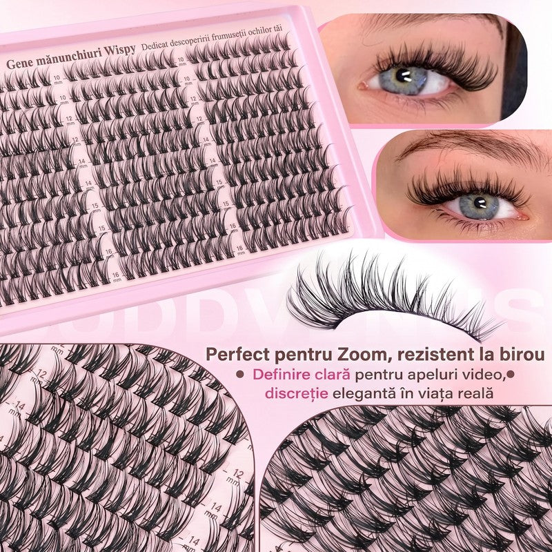 Kit extensii gene false tip mănunchiuri NextWave®️, aspect natural Wispy cu efect 3D, adeziv Bond și Seal — detaliu vizual 4