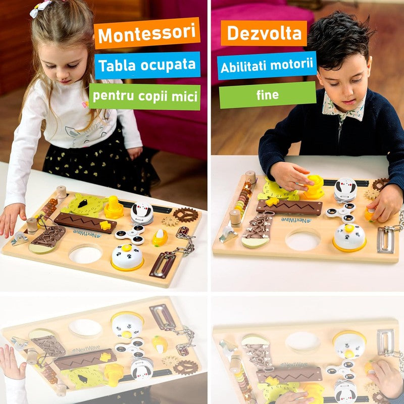 Placa educativa din lemn NextWave® tip Montessori – jucarie senzoriala cu 14 activitati interactive pentru — detaliu vizual 4