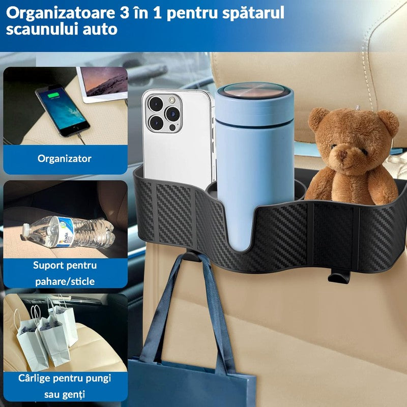 Set 2 Organizatoare Auto Spate NextWave®, 3-in-1 cu Suport Pahar, Depozitare Accesorii, Carlige Reglabile, — detaliu vizual 4
