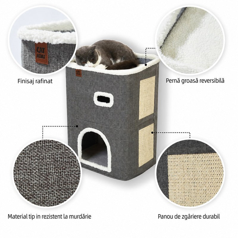 Casa Pisici NextWave®, Casuta Pliabila Tip Pestera, Pat Interior cu Platforma Superioara, Ansamblu de Zgar — detaliu vizual 4