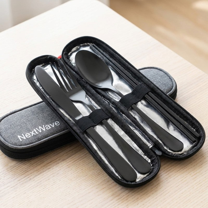 Set tacamuri de calatorie NextWave®, portabile si reutilizabile, fara zgomot la transport, cutit, furculit — detaliu vizual 4