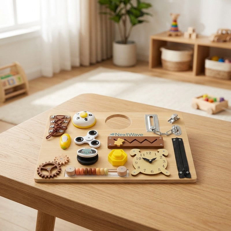 Placa educativa din lemn NextWave® tip Montessori – jucarie senzoriala cu 14 activitati interactive pentru — beneficii cheie