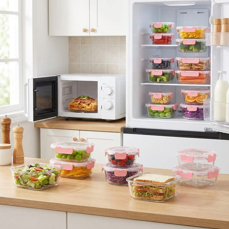 Set 12 Caserole Alimentare din sticla NextWave®️ Capace Etanse, Depozitare Frigider si Congelator, Potrivit — beneficii cheie