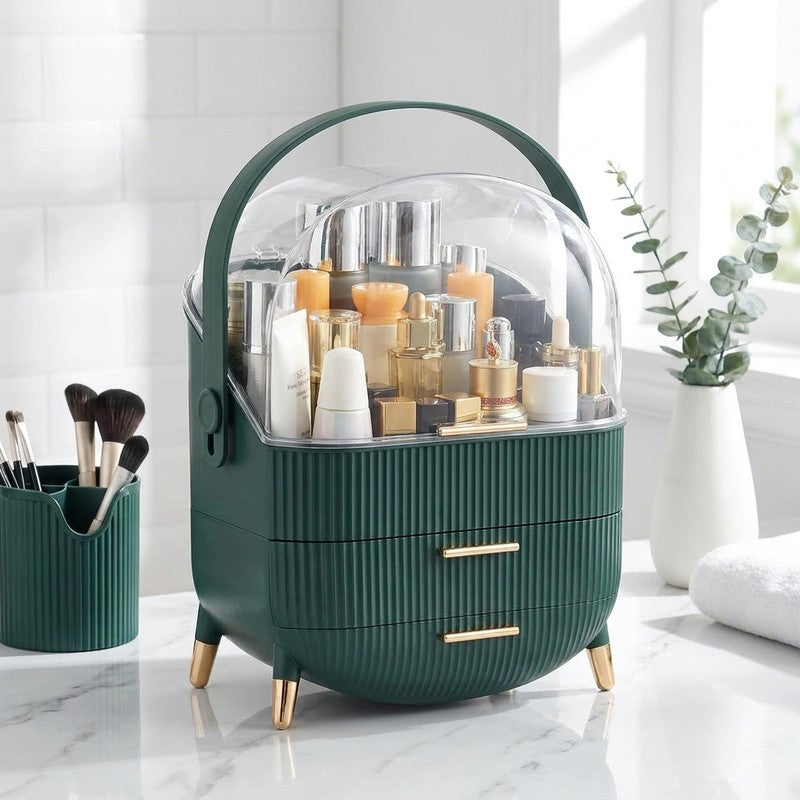 Organizator pentru cosmetice si bijuterii NextWave®, spatiu depozitare cu 2 sertare, vitrina, cutie pensule — beneficii cheie