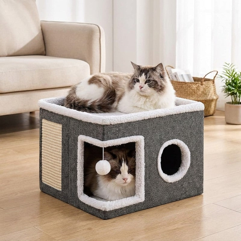 Casa Pisici NextWave®, Casuta Pliabila Tip Pestera, Pat Interior cu Platforma Superioara, Ansamblu de Zgari — beneficii cheie